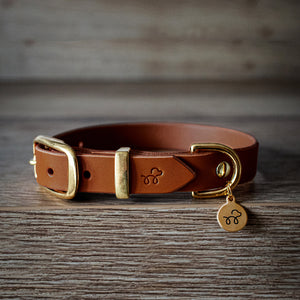 Acorn Brown - Leather dog collar with solid brass hardware