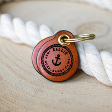 Load image into Gallery viewer, Miniature nautical themed &quot;wet nose, sandy paws&quot; - saddle tan leather - double personalised dog tag