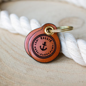 Miniature nautical themed "wet nose, sandy paws" - saddle tan leather - double personalised dog tag