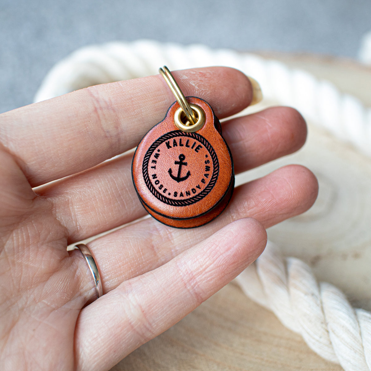 Nautical "Wet Nose, Sandy Paws" - Double Saddle Tan Leather ID Tag