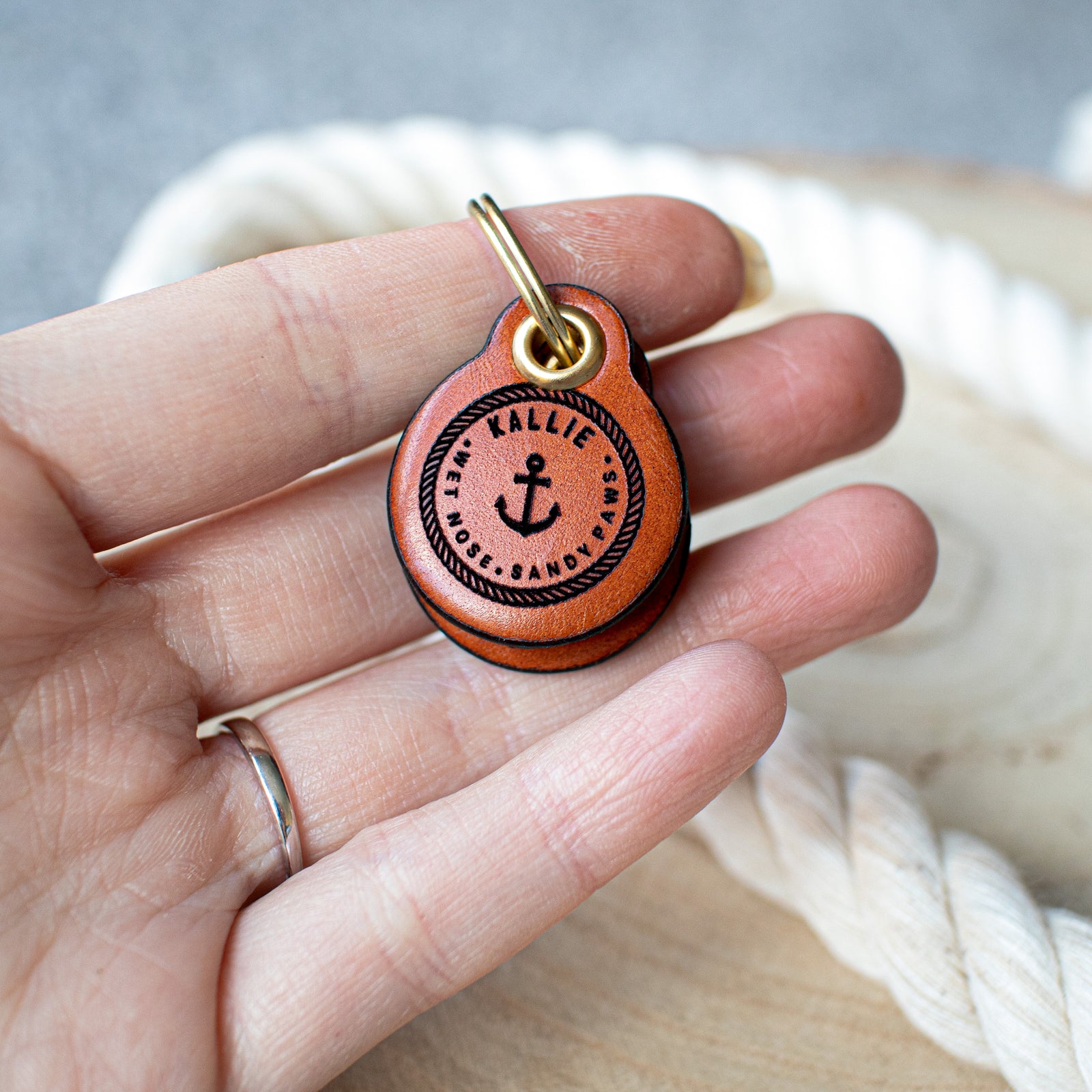 Nautical "Wet Nose, Sandy Paws" - Double Saddle Tan Leather ID Tag