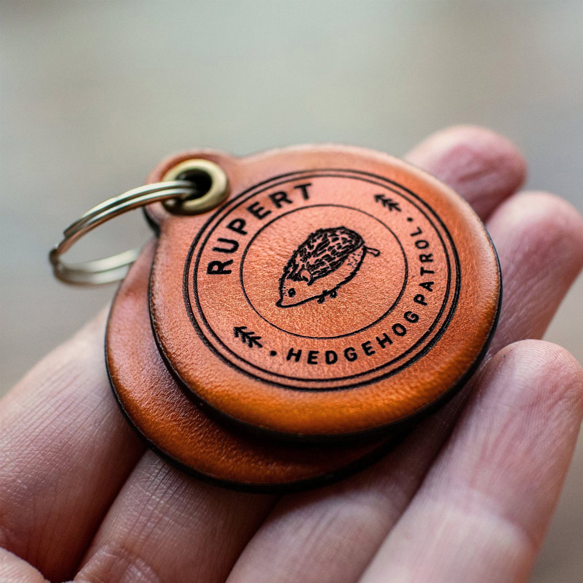Hedgehog Patrol - Double Saddle Tan Leather ID Tag