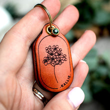 Load image into Gallery viewer, Birth flower tag with birth stone - saddle tan leather - double personalised dog tag or keyring