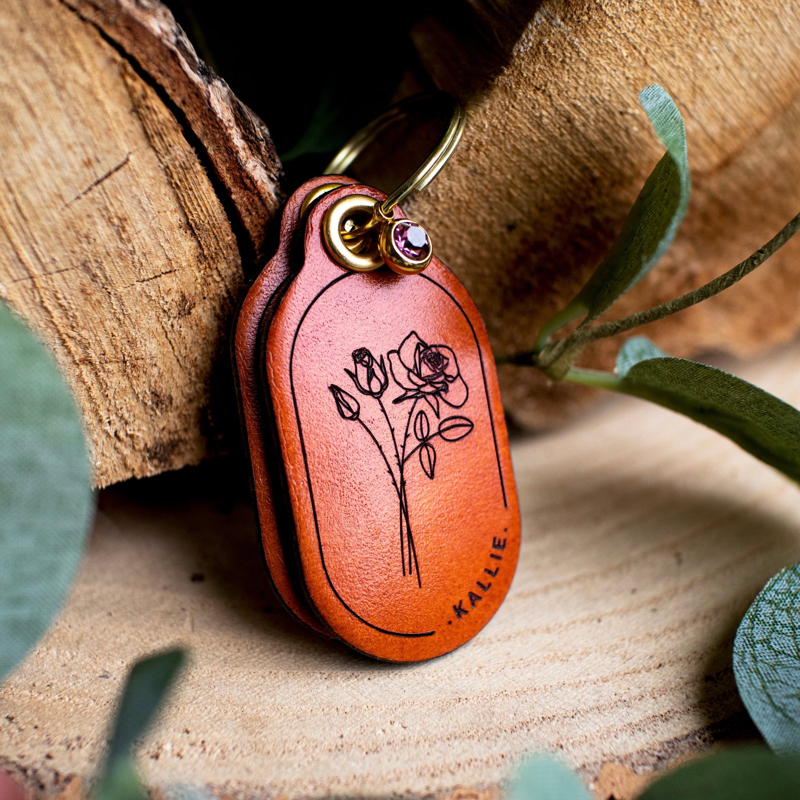 Birth Flower With Birth Stone - Double Saddle Tan Leather ID Tag