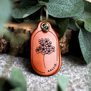Birth flower tag with birth stone - saddle tan leather - double personalised dog tag or keyring