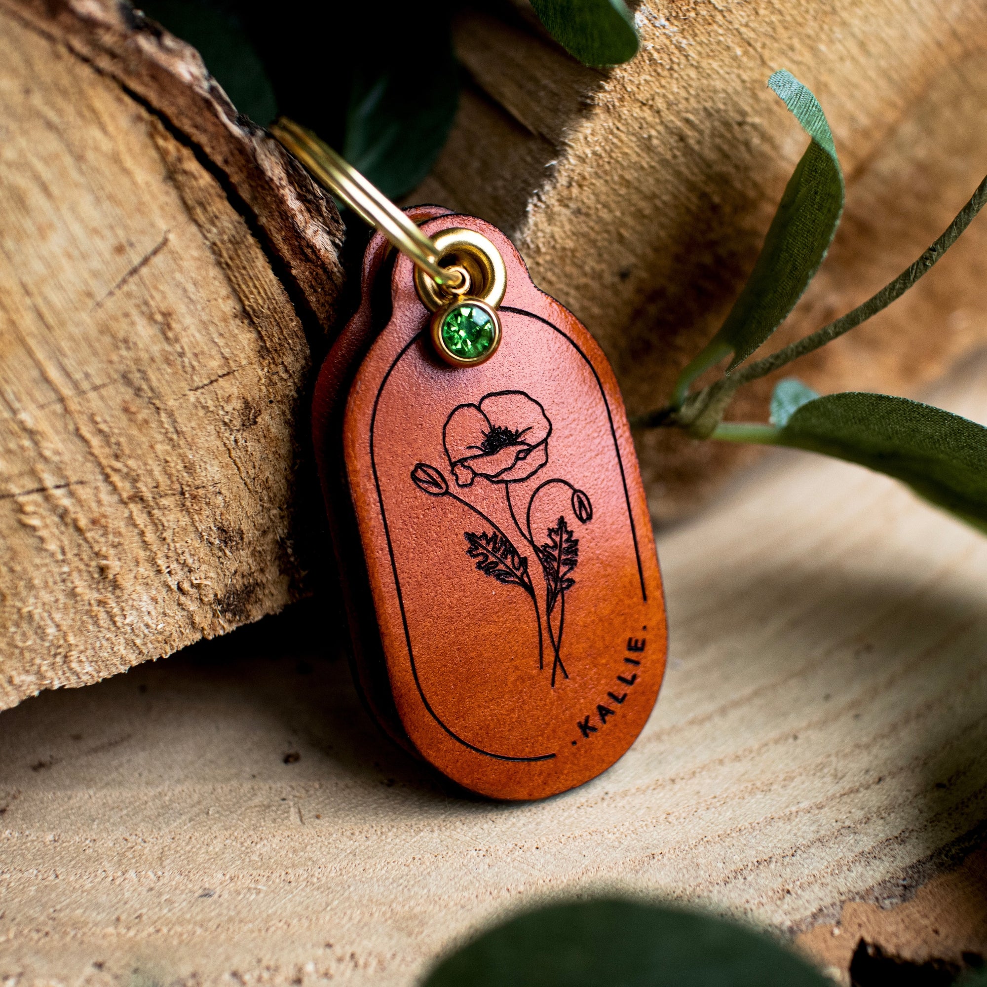 Birth Flower With Birth Stone - Double Saddle Tan Leather ID Tag