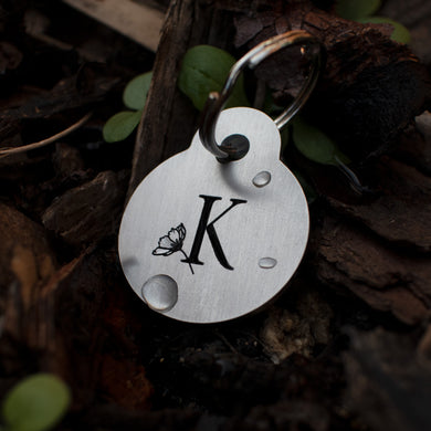 Miniature floral letter - chunky stainless steel dog tag