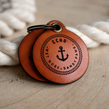 Load image into Gallery viewer, Nautical themed &quot;wet nose, sandy paws&quot; - saddle tan leather - double personalised dog tag