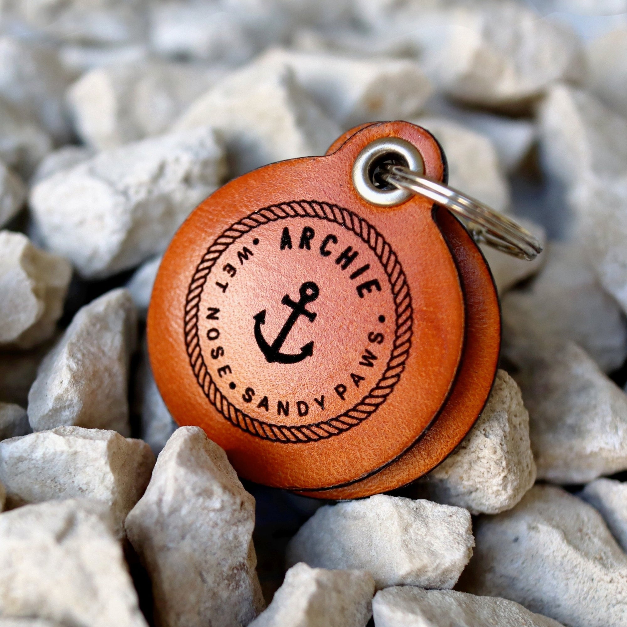 Nautical "Wet Nose, Sandy Paws" - Double Saddle Tan Leather ID Tag