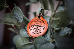 Vintage adventure themed - saddle tan leather - double personalised dog tag