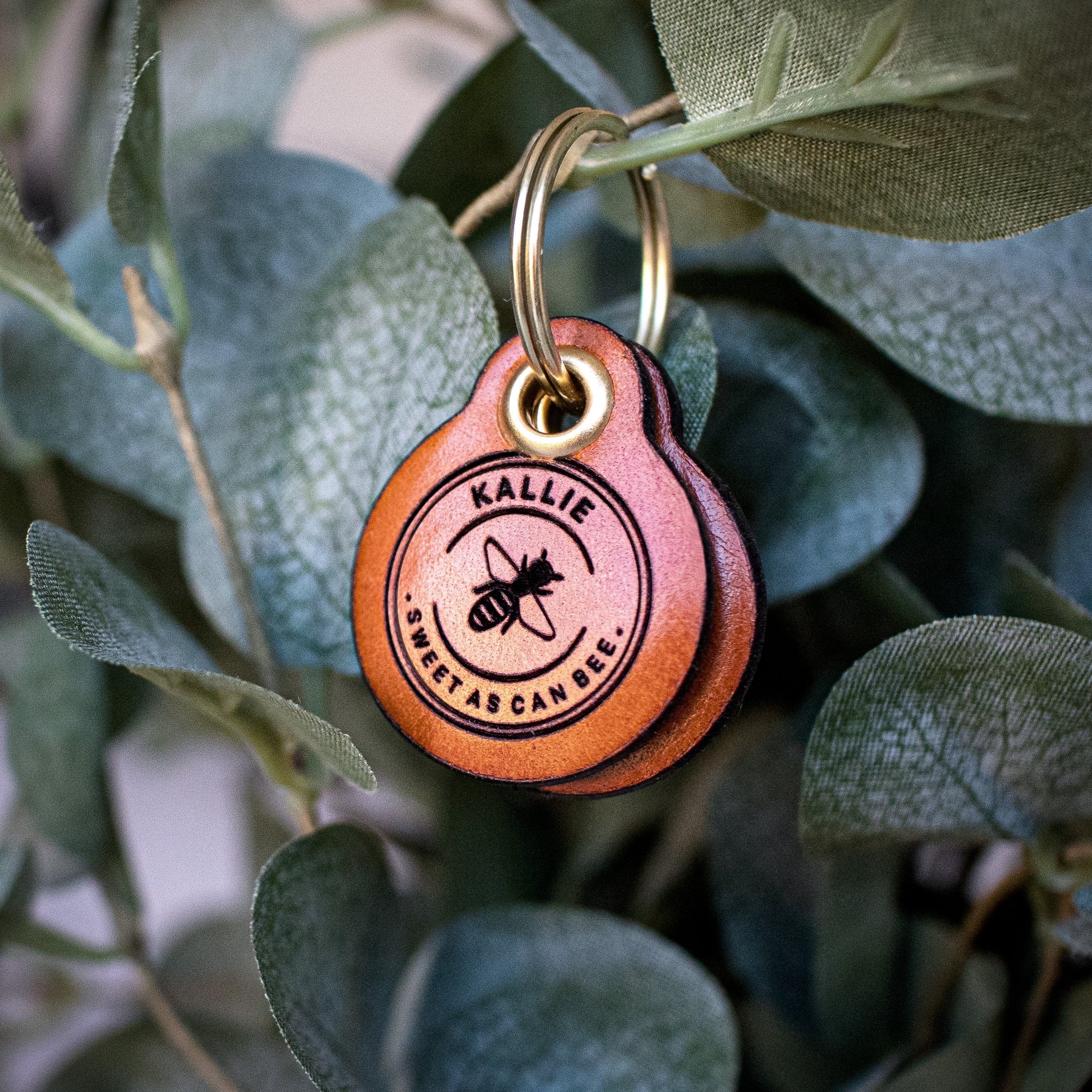 "Sweet As Can Bee" - Double Saddle Tan Leather ID Tag