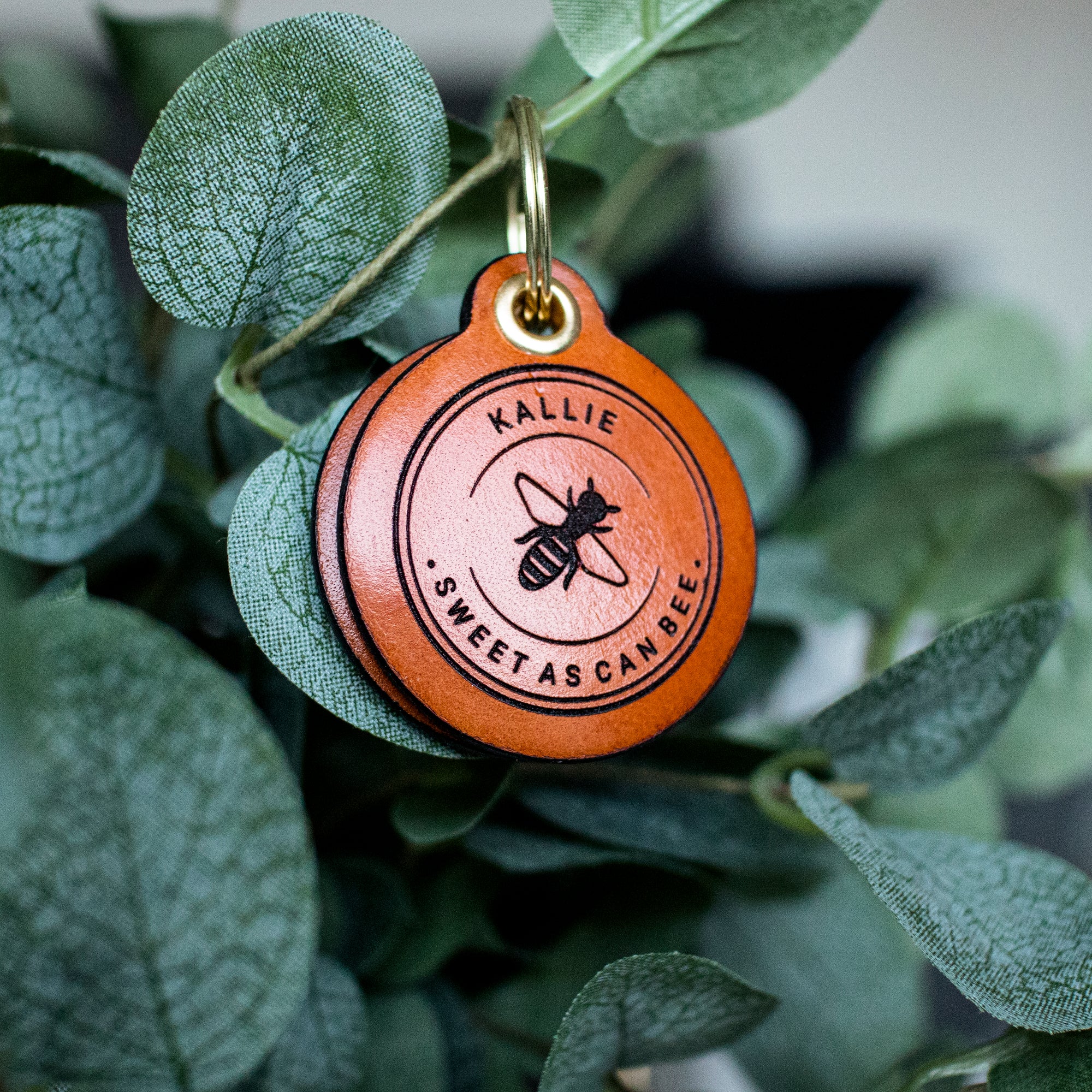 "Sweet As Can Bee" - Double Saddle Tan Leather ID Tag