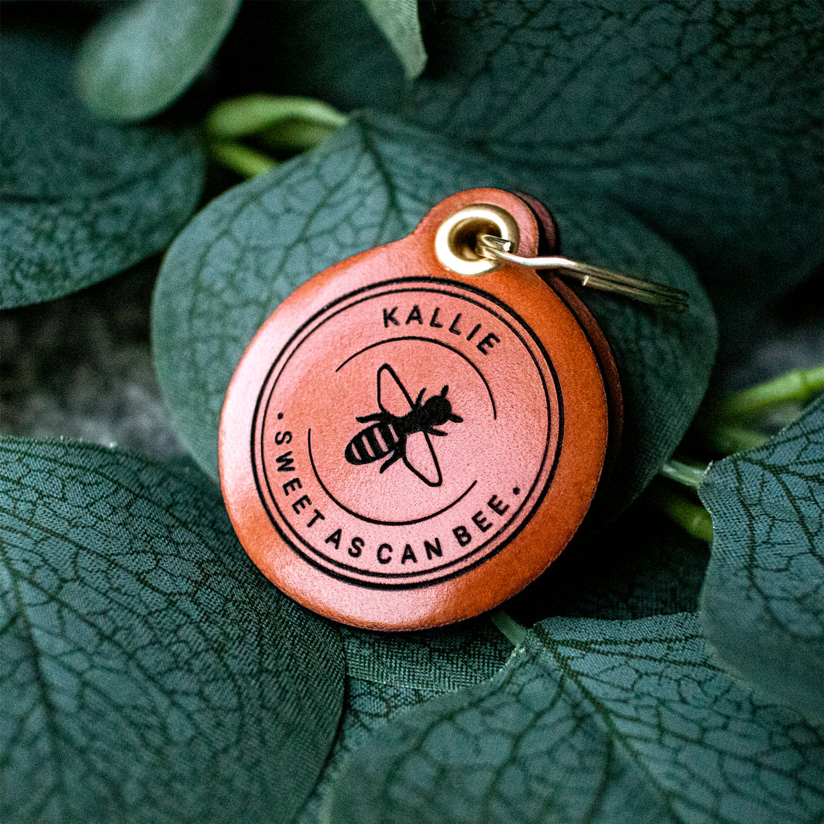 &quot;Sweet As Can Bee&quot; - Double Saddle Tan Leather ID Tag