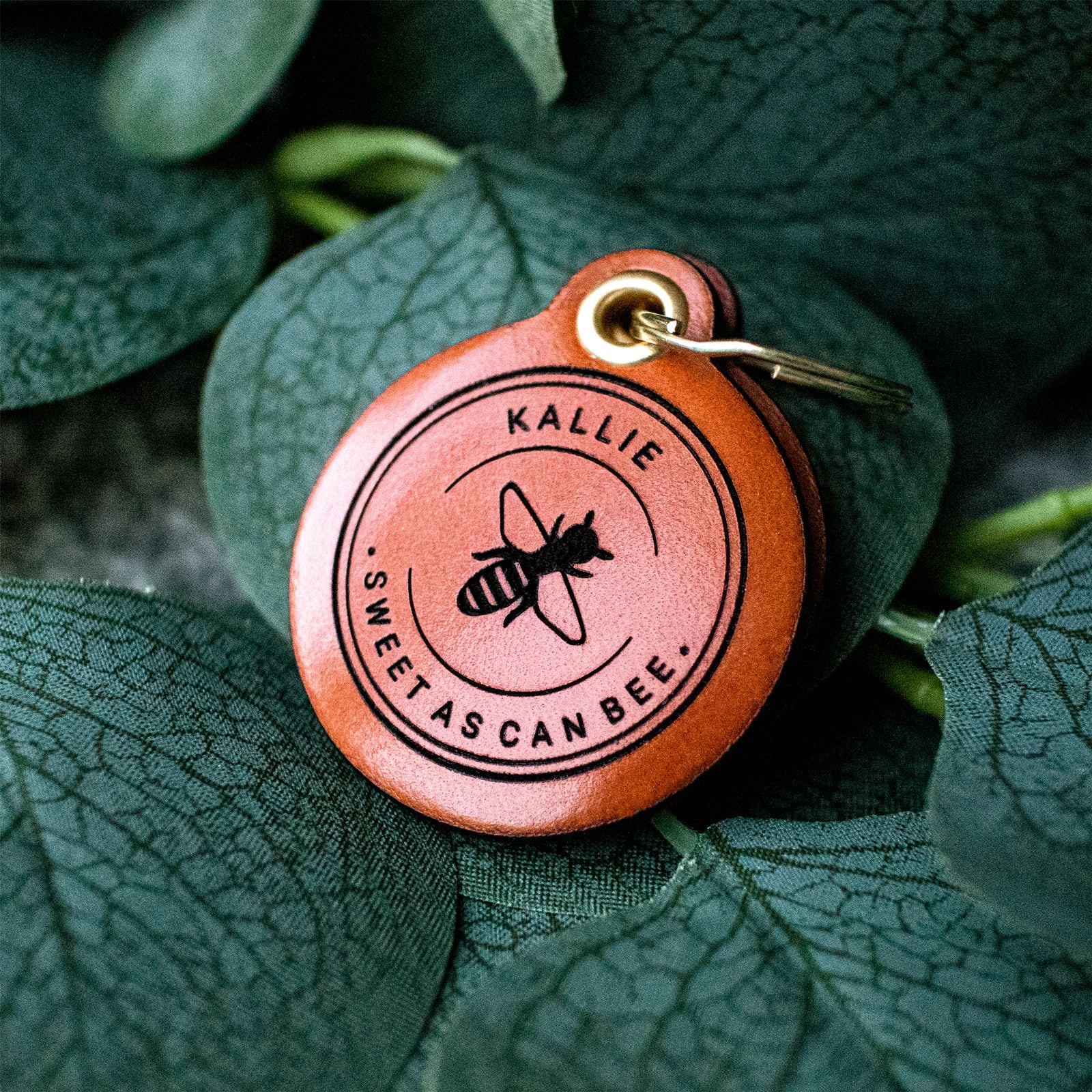 "Sweet As Can Bee" - Double Saddle Tan Leather ID Tag