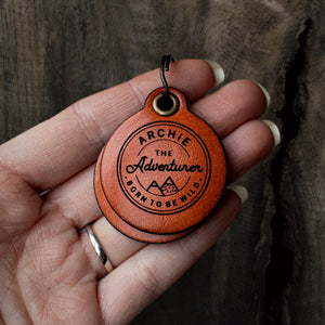 Vintage adventure themed - saddle tan leather - double personalised dog tag