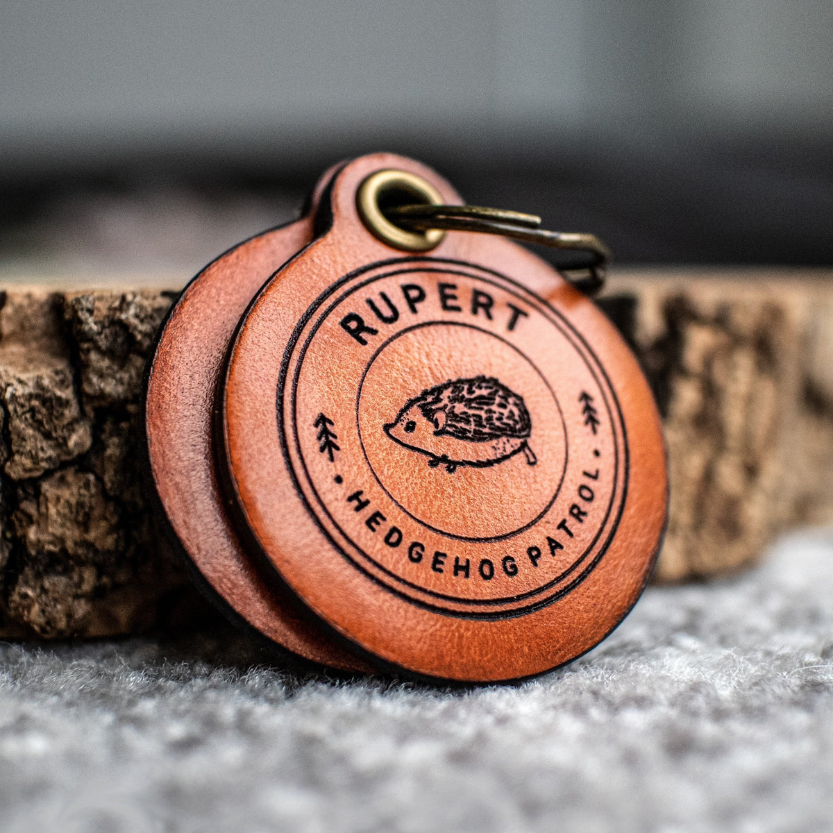 Hedgehog Patrol - Double Saddle Tan Leather ID Tag