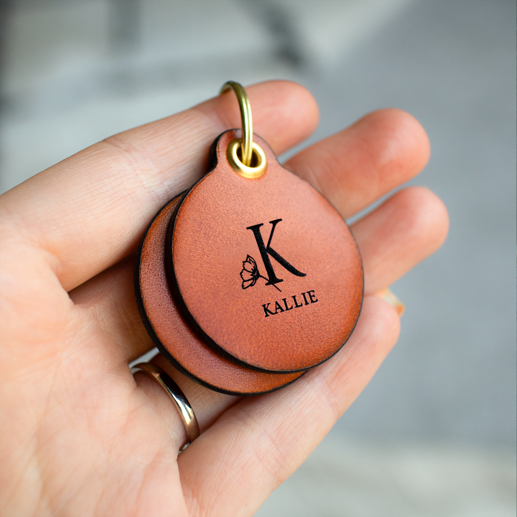 Floral letter with name - saddle tan leather - double personalised dog tag
