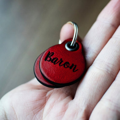 Berry red - miniature double personalised leather dog tag