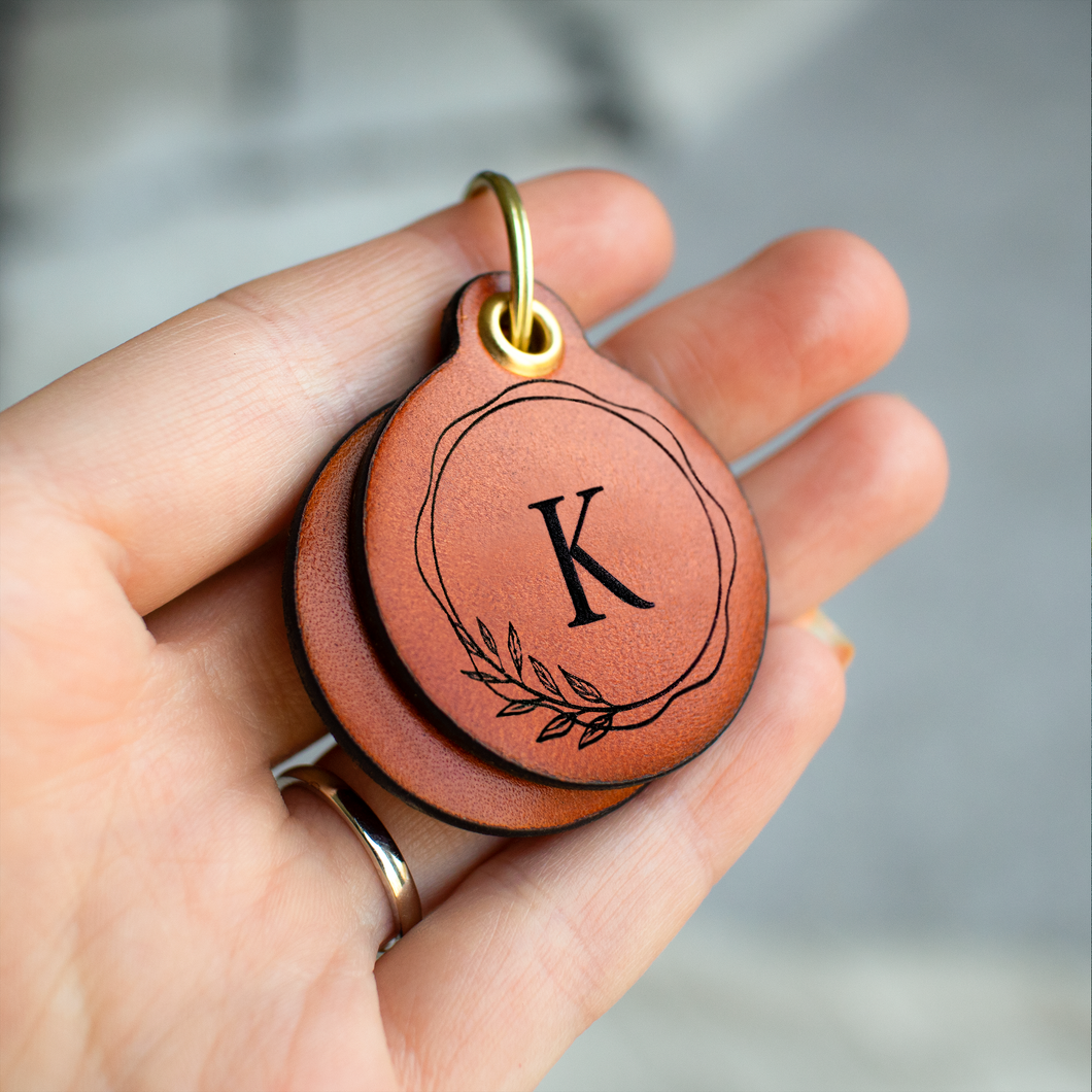 Leaf wreath saddle tan leather double personalised dog tag Kohsi