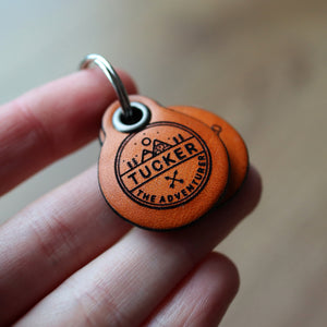 Miniature adventure themed - saddle tan leather - double personalised dog tag