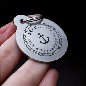 Nautical themed "wet nose, sandy paws" - chunky stainless steel dog tag