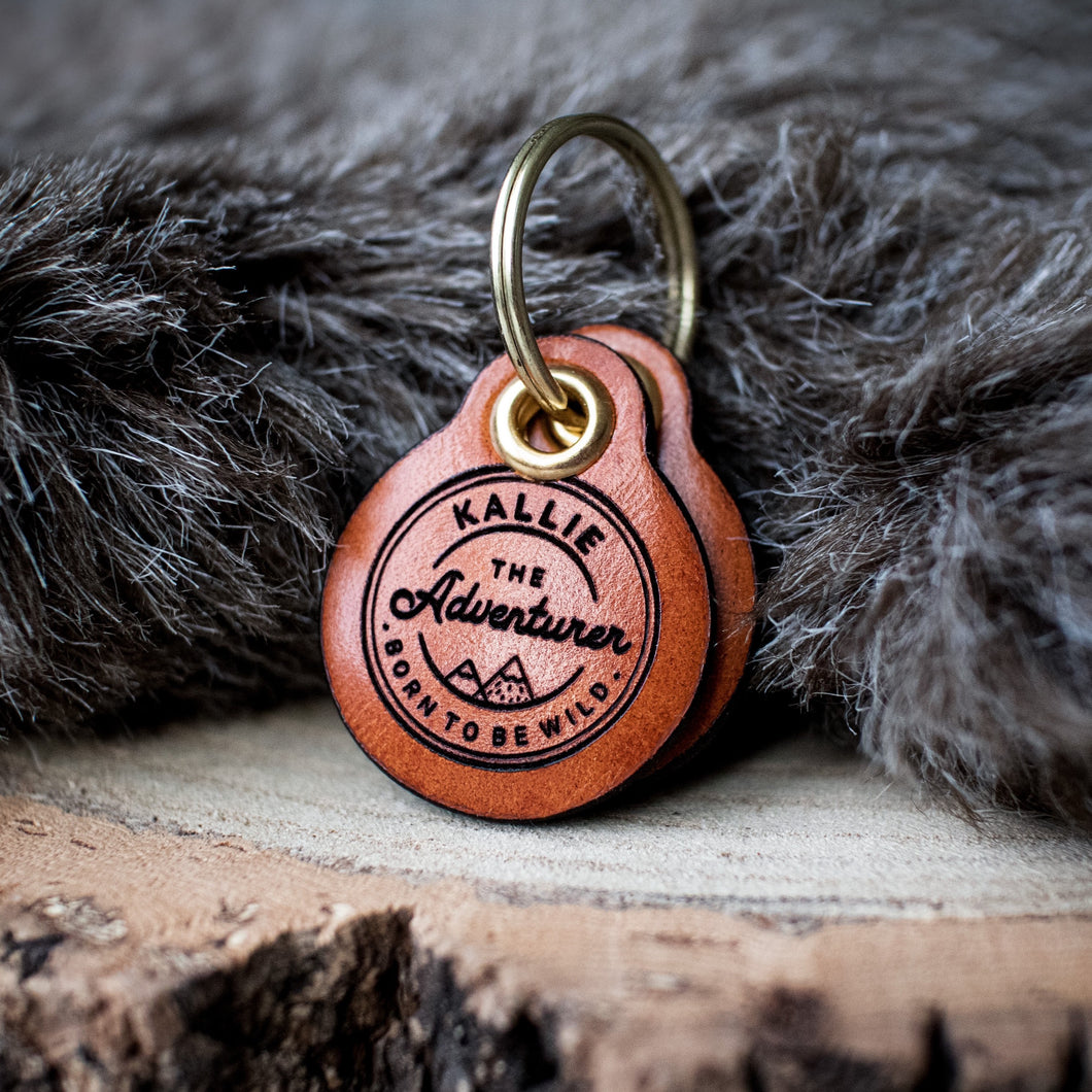 Miniature vintage adventurer - saddle tan leather - double personalised dog tag