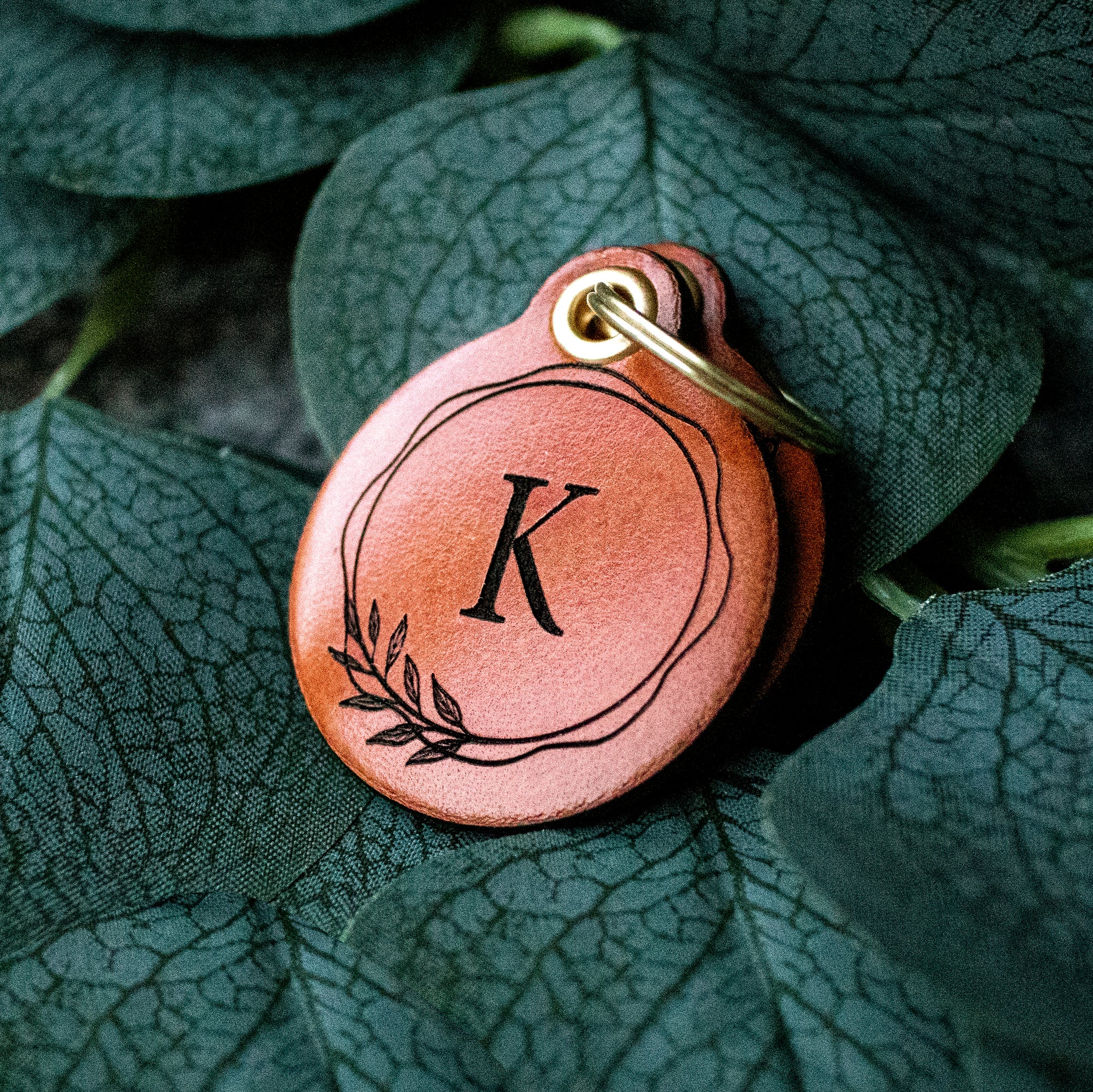 Leaf Wreath - Double Saddle Tan Leather ID Tag